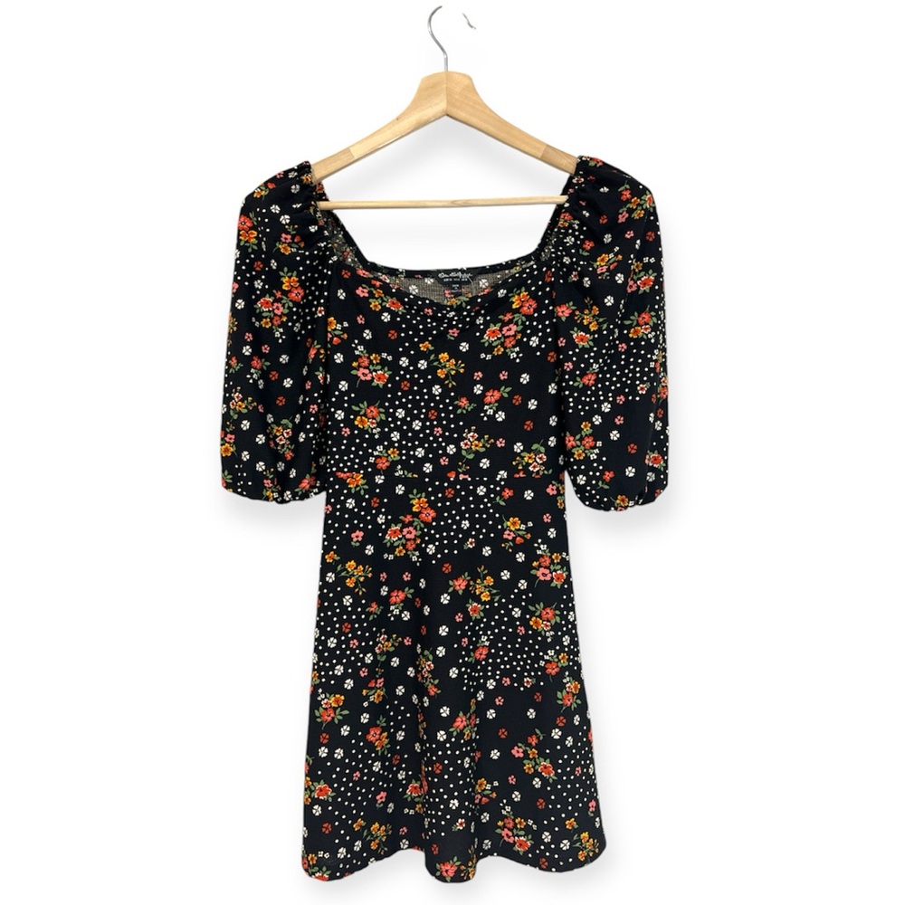 Miss Selfridge Floral A Line Black Short Dress Stretch Square Neck Size 4 Small